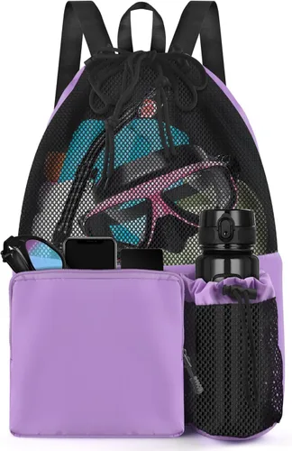 BROTOU Mochila de playa para natación con bolsillo húmedo de malla y cordón, bolsas para nadar, gimnasio Púrpura