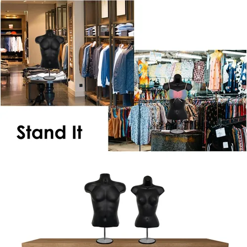 Miniatura 4 de Maniquí de torso masculino y femenino con soporte de metal, cuerpo con respaldo hueco, apilable, forma de vestido para exhibición de camisetas