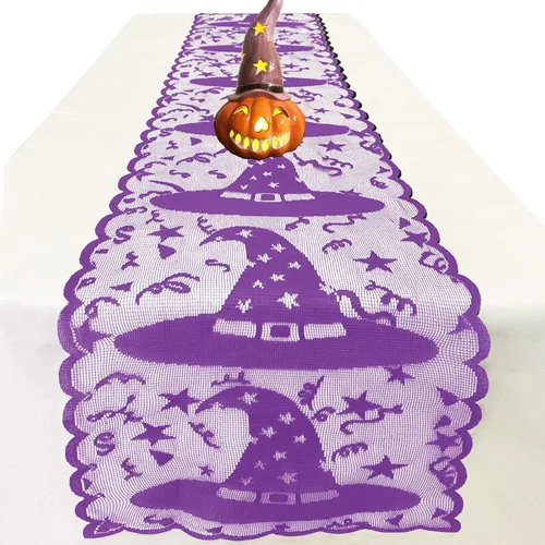 Miniatura 6 de Camino de mesa de Halloween – Camino de mesa de encaje con sombrero de bruja para decoraciones de mesa de Halloween – Máscara de Halloween, cena