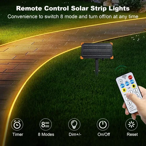 Miniatura 3 de Tira de luces solares de 50 pies para exteriores, tira de luz LED impermeable, encendido/apagado automático, tira de luces recargables de 8 modos