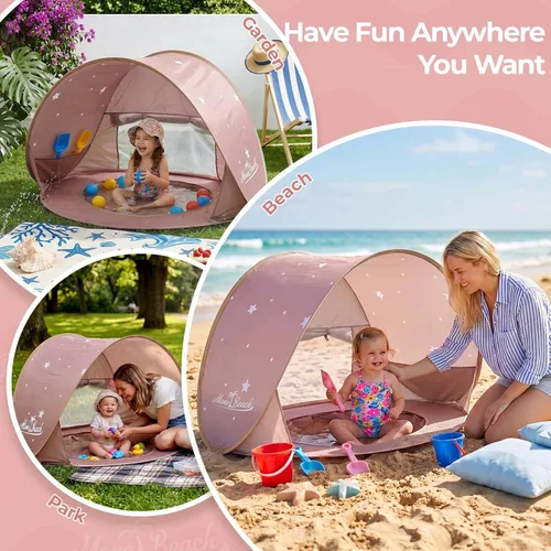 Miniatura 7 de Monobeach Tienda de campaña de playa para bebés con piscina: tienda de campaña desplegable con estrellas marrones para niños pequeños, refugio