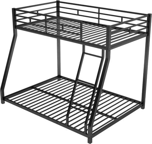 Miniatura 5 de Litera de metal individual sobre tamaño matrimonial con barandilla de seguridad y escalera para niños y adultos, literas de suelo, marco de cama