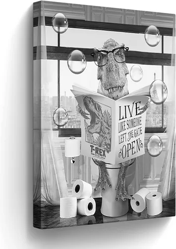 Miniatura 20 de Lienzo decorativo de osos divertidos para pared, cuadros en blanco y negro, decoración de pared de baño, oso sentado en el inodoro, lectura