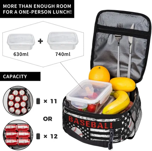 Miniatura 4 de Lonchera de béisbol con bandera estadounidense para hombres y mujeres, pequeña bolsa de almuerzo para oficina, trabajo, picnic, reutilizable, 15