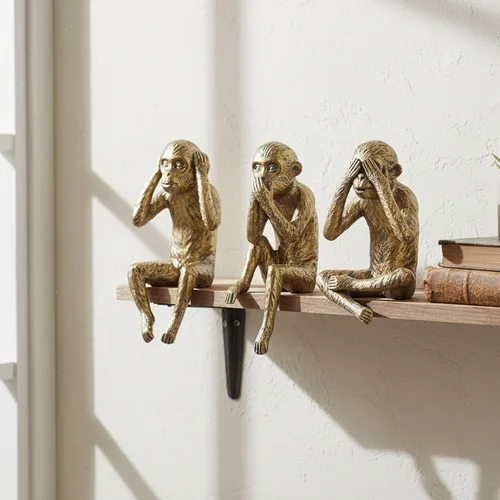 Miniatura 2 de Juego de estatuas de 3 monos sabios, figuras de See Hear Speak No Evil, estantes de resina dorada antigua, decoración de animales sentados