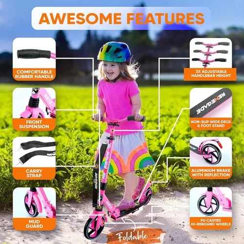 Miniatura 2 de Hurtle Renegade Kick Scooter for Kids, Teenagers & Adults - 2-Wheel Folding Scooter with Adjustable T-Bar Handlebar - Alloy Anti-Slip Deck Rosa