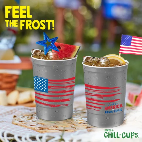 Miniatura 8 de Steel Chill Cups Party Cup America the Beautiful Design para bebidas frías, duradero, desechable, reciclable, fabricado en Estados Unidos, gris, 12