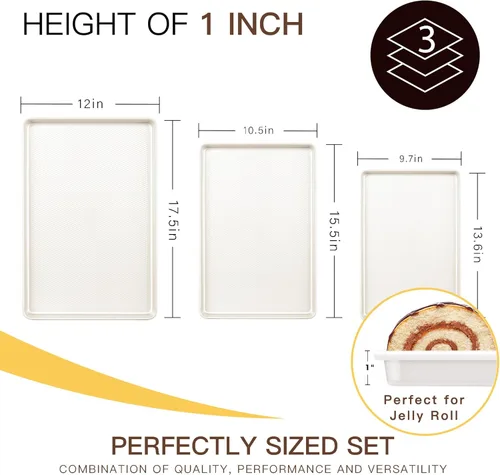 Miniatura 5 de HONGBAKE Juego de 3 bandejas antiadherentes de cerámica para horno, no tóxicas de medio cuarto/gelatina con textura de diamante, bandejas