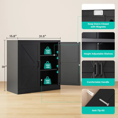 Miniatura 3 de Armario de almacenamiento negro con puertas y estantes ajustables, gabinetes de despensa de alimentos de granja de 36 pulgadas de alto, armario