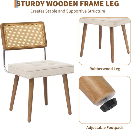 Miniatura 6 de GarveeHome Juego de 2 sillas de comedor de ratán natural, sillas de cocina tapizadas de lino con respaldo alto de caña y patas de madera fuertes