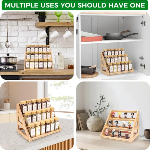 Miniatura 5 de Estante de Especias - Estantes de Bambú de 3 Niveles, Estante de Especias Resuelve el Desorden de Especias en Cocinas, Gabinetes, Despensas y Más