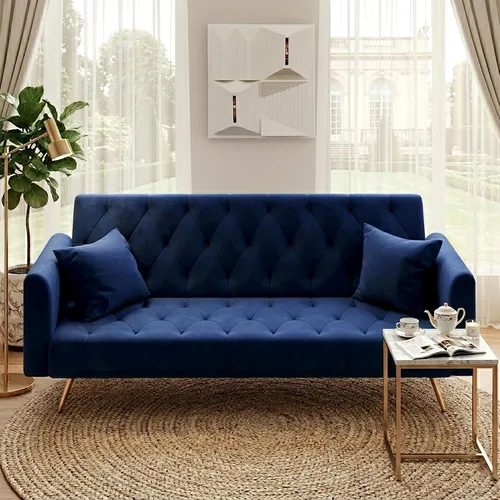 Miniatura 12 de Anwick - Sofá cama futón de terciopelo moderno con 2 almohadas, sofá cama convertible 2 en 1, sofá biplaza reclinable plegable con patas de metal