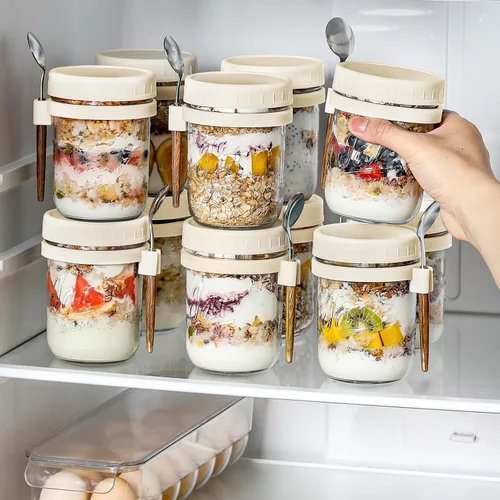 Miniatura 6 de LANDNEOO Paquete de 4 Recipientes para Avena Nocturna con Tapas y Cucharas, Frascos de Vidrio Mason de 16 oz con Tapas Herméticas, Frascos para Beige