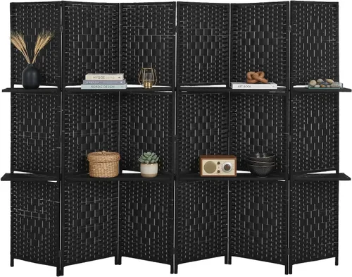 Miniatura 8 de Divisor de habitación de 4 paneles, divisor de pantalla de madera plegable, separador de partición de madera con estantes de almacenamiento