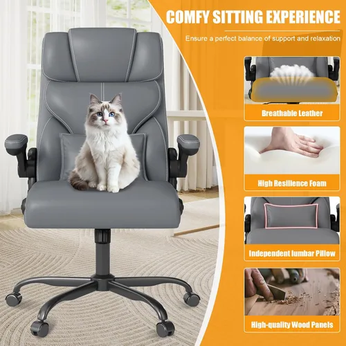 Miniatura 5 de Silla de oficina ejecutiva con reposabrazos abatibles, sillas ergonómicas de escritorio para computadora, silla de oficina de cuero con respaldo Gris