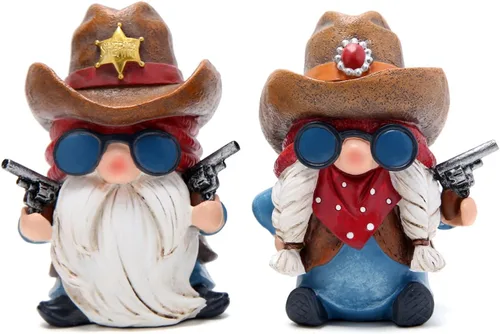 Hodao Figuras de Gnomo de Vaquero y Vaquera - Gnomos de Resina Occidental Pintados a Mano con Sombreros de Vaquero, Insignia del Sheriff y Bandana -