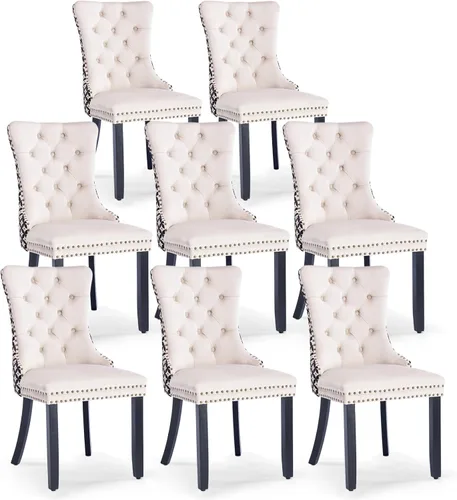 Miniatura 29 de Juego de 4 sillas de comedor de terciopelo, sillas de comedor tapizadas con ribete de cabeza de clavo y patas de madera maciza para cocina