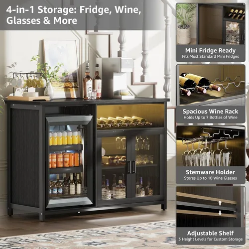 Miniatura 3 de Gabinete de barra de vino con espacio para mini refrigerador, gabinete de barra de café negro y gabinete de licores con estante de almacenamiento