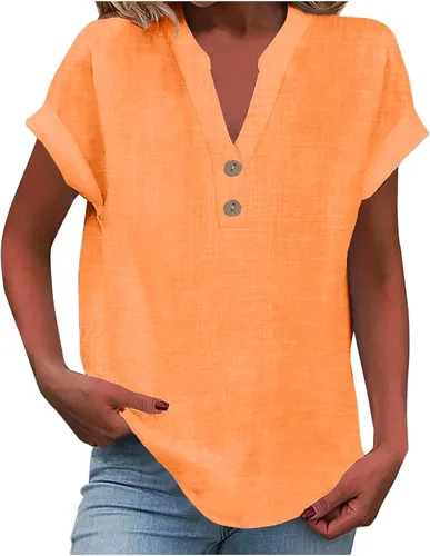 Miniatura 6 de Camisas de lino para mujer 2025 verano casual cuello en V botón abajo manga corta tops moda cómodo negocio trabajo blusas, beige (A-Beige)