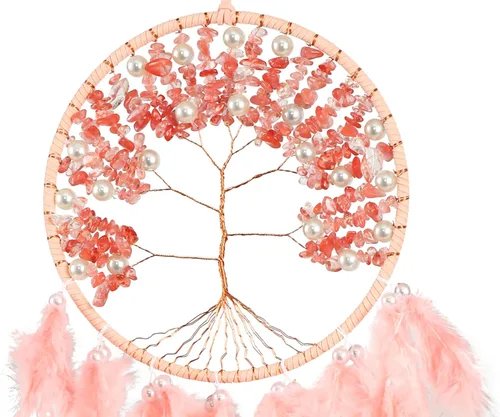 Miniatura 7 de Atrapasueños grandes del árbol de la vida, plumas de gallo rosa con ágata roja, atrapasueños de chakras hecho a mano para dormitorio, un