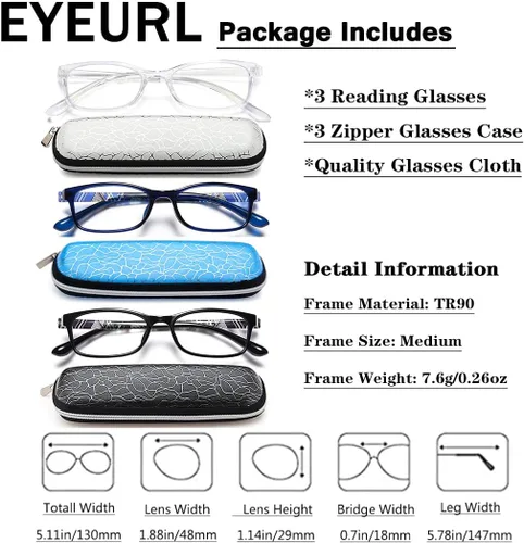 Miniatura 8 de EYEURL Lentes de lectura para mujeres y hombres, bloqueo de luz azul, 0.00 anti fatiga ocular, TR90 lentes de marco rectangular ultraligero