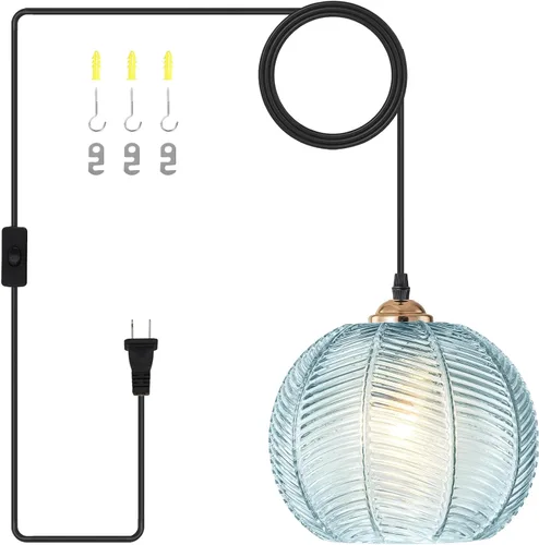 Miniatura 11 de Lámparas colgantes de esquina vintage para sala de estar, lámpara colgante de vidrio acanalado ámbar con cable enchufable, lámpara colgante bohemia