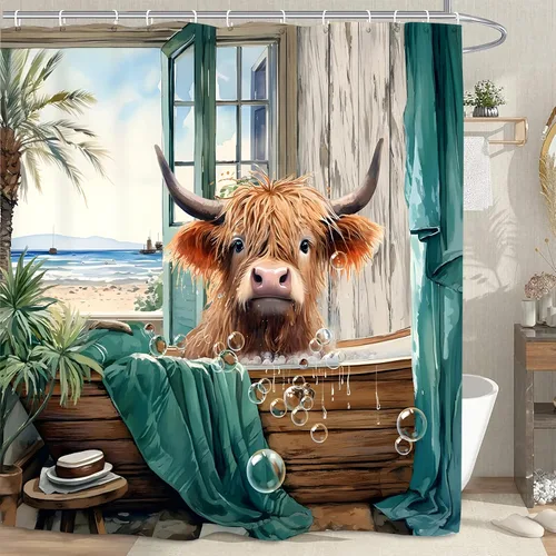 Miniatura 15 de Highland Cow - Cortina de ducha de verano de 60 pulgadas de ancho x 72 pulgadas de largo, divertida y linda vista al mar, vista al mar, paisaje