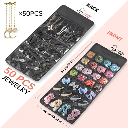 Miniatura 6 de FOREGOER Organizador de joyas colgante de doble cara, 43 bolsillos, organizador grande de accesorios para collares, aretes, (negro)
