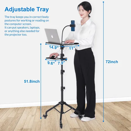 Miniatura 2 de Tossbiss Trípode para laptop con ruedas con 2 estantes, soporte de suelo para proyector portátil, altura ajustable de 25.9 a 51.8 pulgadas