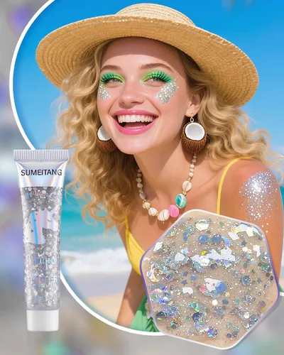 Miniatura 3 de Gel con purpurina para la cara y el cuerpo, 6 colores, con lentejuelas gruesas holográficas, pintura para fiestas, cantantes, conciertos, festivales