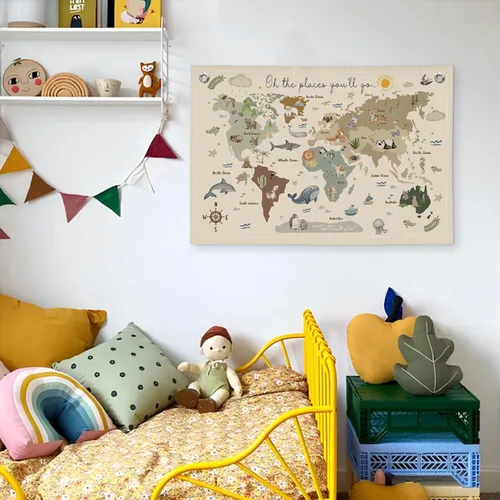 Miniatura 5 de Wheatwin Decoración de sala de juegos, pancarta de mapa del mundo para niños, mapas del mundo para pared, mapa del mundo, lindo tapiz de animales