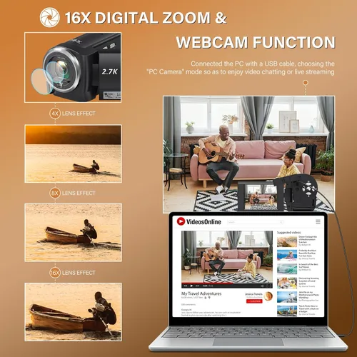 Miniatura 3 de Muitune Cámara de video QHD 2.7K 56MP 16X Zoom digital Vlogging Cámara con luz de relleno LED para YouTube, 2.8 pulgadas 270 grados de rotación LCD