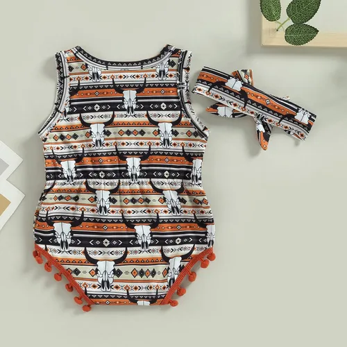 Miniatura 3 de Karuedoo Ropa occidental para bebé niña, con estampado de vaca, sin mangas, con pompones, traje de una pieza con diadema