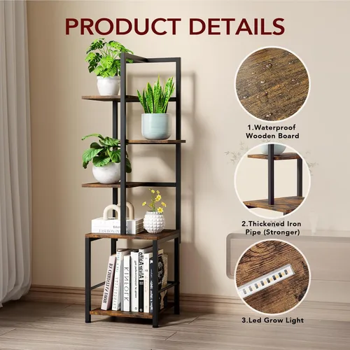 Miniatura 4 de Soporte para plantas de interior con luz de crecimiento, soporte alto para plantas de 5 niveles para interiores, estante de metal para plantas