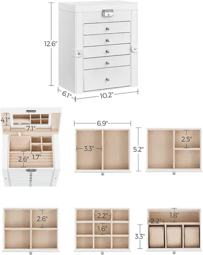 Miniatura 7 de SONGMICS Joyero de 6 niveles joyero con 5 cajones gran capacidad de almacenamiento con espejo bloqueable organizador de almacenamiento de joyas