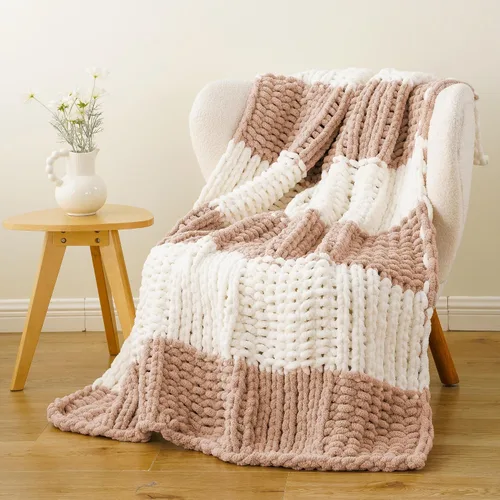 Miniatura 19 de Battilo - Manta de punto grueso de cachemira beige y crema, manta suave y gruesa de chenilla, manta de crochet de punto trenzado hecha a mano