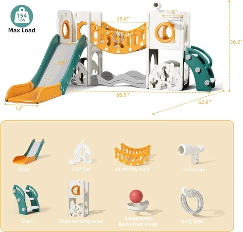 Miniatura 6 de Conjunto de juegos de parque infantil para niños pequeños con arco de escalada, juego de golf, tobogán y aro de baloncesto - Juguetes