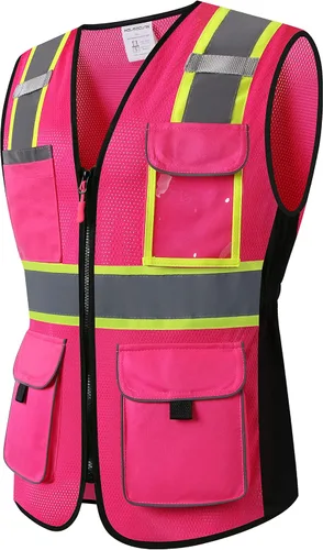 Miniatura 11 de Chaleco de seguridad para mujeres, chaleco de trabajo reflectante de alta visibilidad con 9 bolsillos múltiples y cremallera Negro