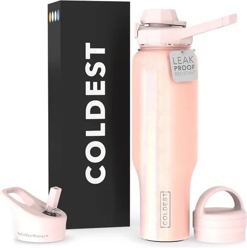 Botella de agua deportiva más fría - Tapas 3 en 1 (Trago, Pajita, Asa) - Vaso aislado de acero inoxidable con asa - Taza de agua al vacío, regalos