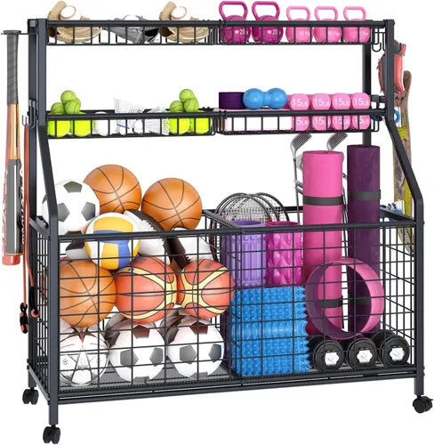 Estante de almacenamiento de bolas, carrito organizador de equipo deportivo grande para garaje, gimnasio en casa, almacenamiento de equipo deportivo