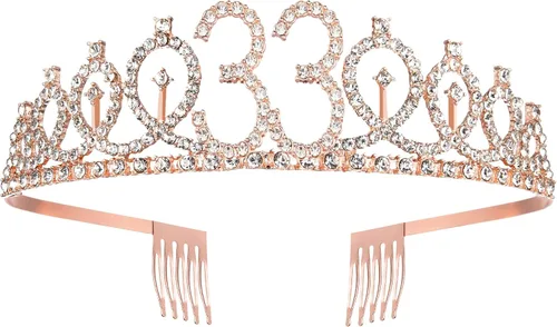 Miniatura 3 de BRT Bearingshui Banda y tiara de cumpleaños número 33 para mujer, corona de banda de cumpleaños de oro rosa 33 y fabulosa banda y tiara para mujer
