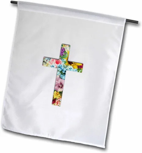 3dRose Cruz cristiana floral, símbolo religioso colorido con patrón de flores, bandera de jardín, 12 x 18 pulgadas
