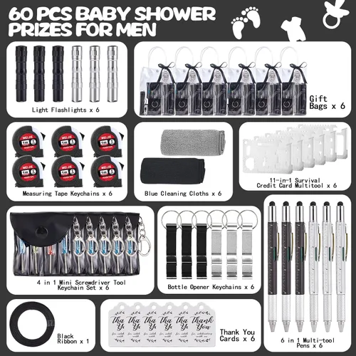 Miniatura 3 de 60 Piezas Premios para Baby Shower para Hombres, 6 Juegos con Paño de Limpieza, Abrebotellas, Destornillador, Cinta Métrica, Llavero, Herramienta