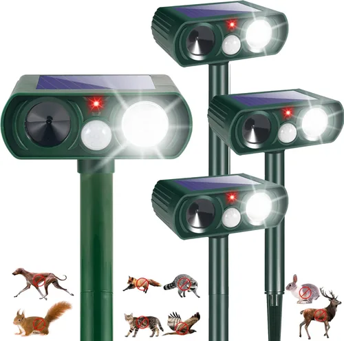 Repelente solar de animales, paquete de 4 repelentes ultrasónicos de animales al aire libre con sensor de movimiento y luz intermitente,