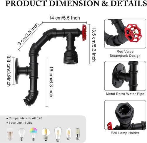 Miniatura 3 de XEYOU Lámpara de pared retro vintage industrial steampunk aplique de pared con interruptor, tubo de agua de metal, lámpara de pared E26 Edison Negro