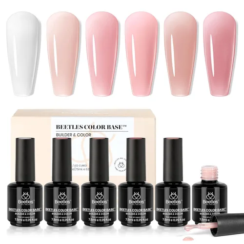 Miniatura 19 de Beetles - Esmalte de uñas de gel con base de goma, 6 colores nude, esmalte de gel rosa, melocotón, neutro, transparente, francesa, colores base