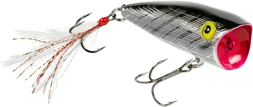 Rebel Señuelo de pesca Pop-R con plumas Topwater Popper Plateado negro