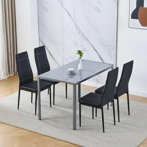 Miniatura 14 de Juego de 4 mesas de comedor y sillas negras modernas de 5 piezas para cocina pequeña, mesa rectangular de vidrio templado y 4 sillas de terciopelo