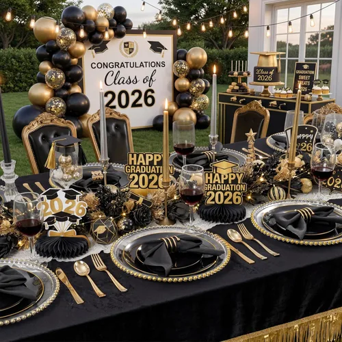 Miniatura 4 de KIRE 60 platos de plástico negro, platos desechables negros con borde dorado para fiesta de Halloween/graduación, incluye 30 unidades de 10.25