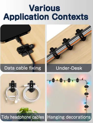 Miniatura 6 de Viaky Kit de organización de cables, paquete de 10 clips adhesivos para cables con 5 correas de silicona ajustables, 10 bridas y 10 tornillos